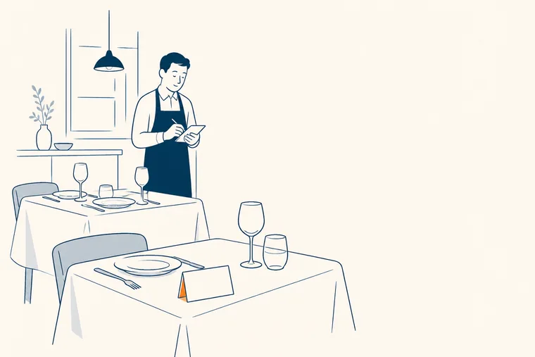 Deux tables dressées dans une petite salle, un carton de réservation plié sur l’une d’elles.