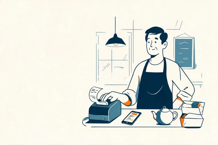 Un restaurateur derrière son comptoir, la main sur une imprimante à tickets.