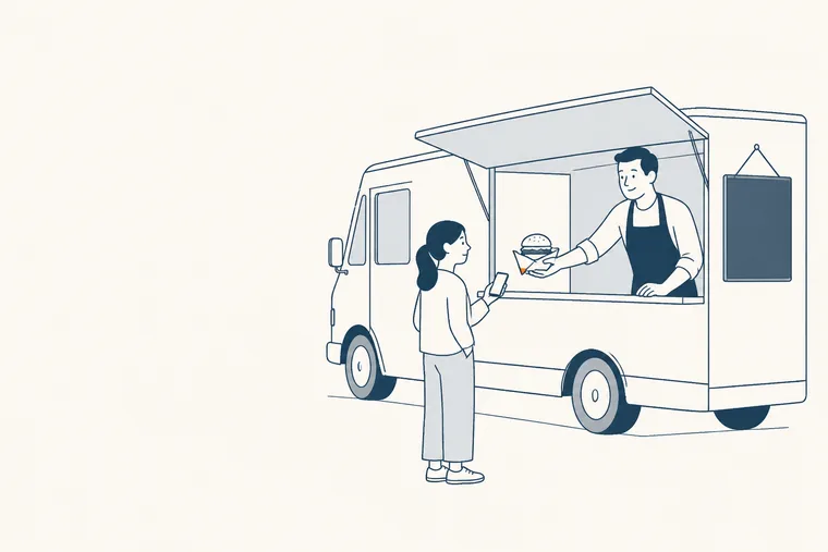 Un food truck ouvert, un cuisinier tend un burger à une cliente qui tient son téléphone.